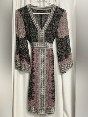 INC International Concepts Black, Gray, Pink and Cream Paisley Wrap Dress